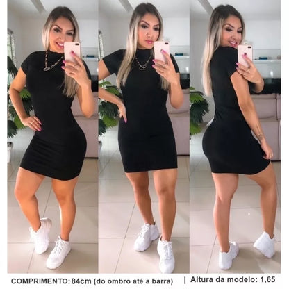 Vestido Tubinho Feminino Canelado Gola Alta Manga Curta Modelo Insta blogueiras tumblr Moda Vestido Tubinho