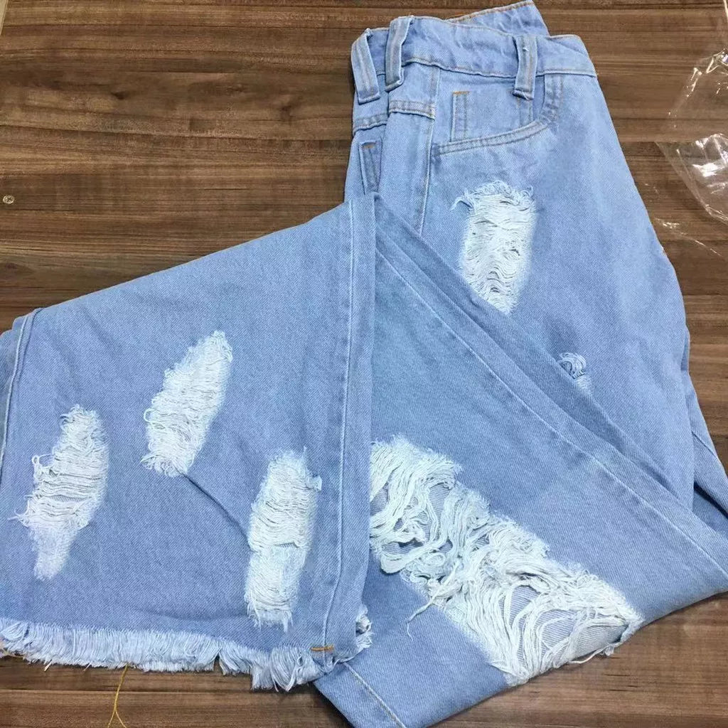 Calça Jeans Rasgada Feminina Pantalona Sem Lycra Wide Leg Calça Cintura Alta