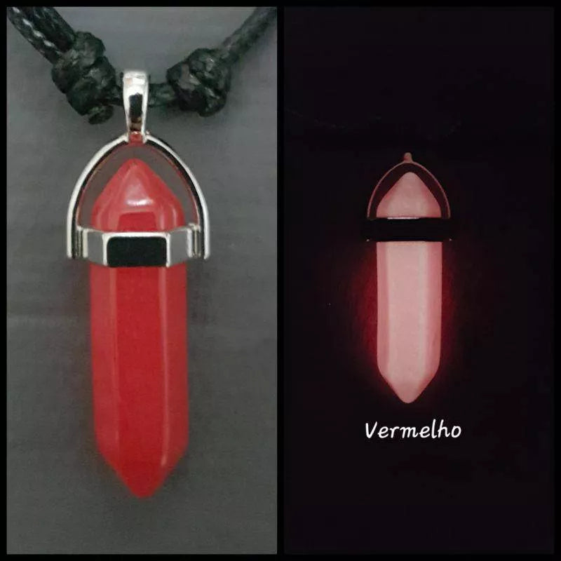 Colar de pedra hexagonal fluorescente luminosa, colar com pingente de couro, de cristal natural brilhante no escuro, pedra de bala