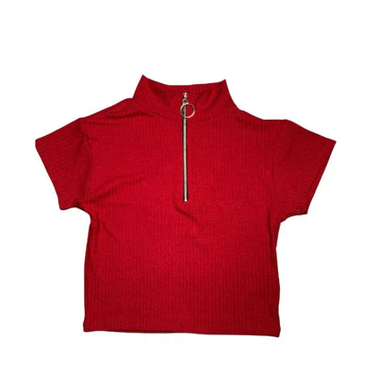 Cropped Feminino Canelado Com Zíper Manga Curta Moda Blogueira Verão