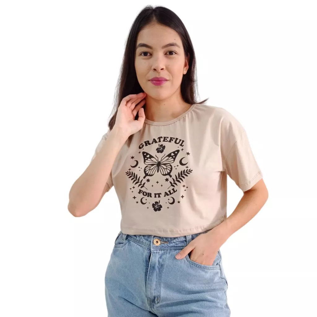 Camiseta T-shirt Cropped Oversized Estampado Moda Gringa Algodão