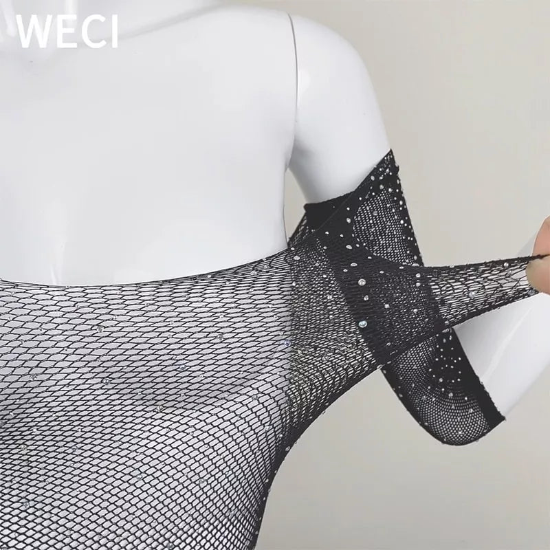 Roupa Íntima Feminina/Body Sexy De Malha Metálica Com Strass Brilhante E Bonita/lingerie