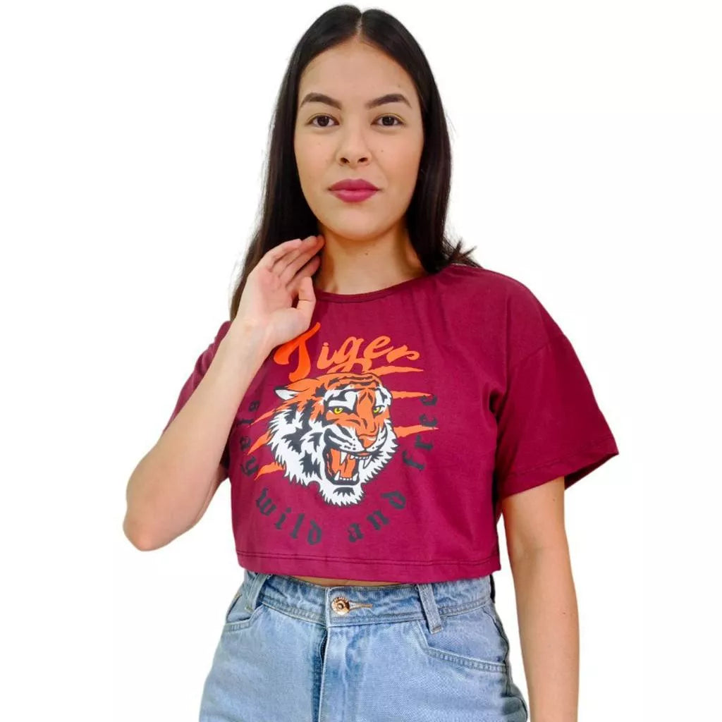 Camiseta T-shirt Cropped Oversized Estampado Moda Gringa Algodão
