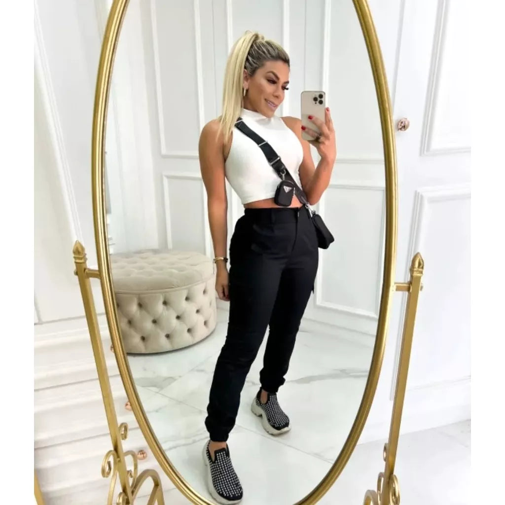 Calça Feminina Jogger Cargo Sarja Com Bolso Moda Blogueira Tendência