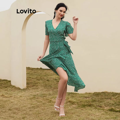 Lovito Boho Vestido de Bolinha Com Fenda e Decote V Profundo com Renda L12014 (Verde/Preto)