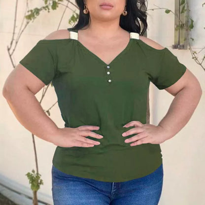 Blusa Feminina Básica Lisa com Fivela no Ombro Vazado (Ombro Fora) - Manga Curta para Primavera e Verão Viscolycra Moda - Roupas Femininas