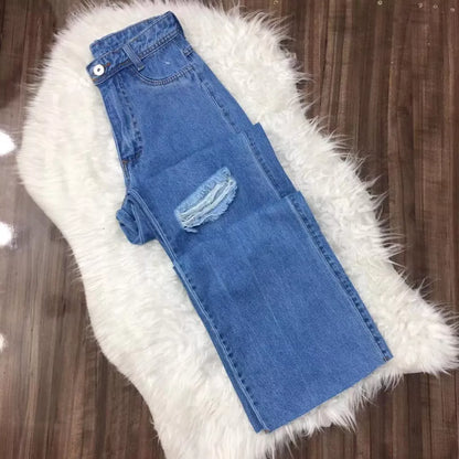 Calça Jeans Rasgada Feminina Pantalona Sem Lycra Wide Leg Calça Cintura Alta