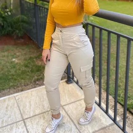 Calça Feminina Jogger Cargo Sarja Com Bolso Moda Blogueira Tendência
