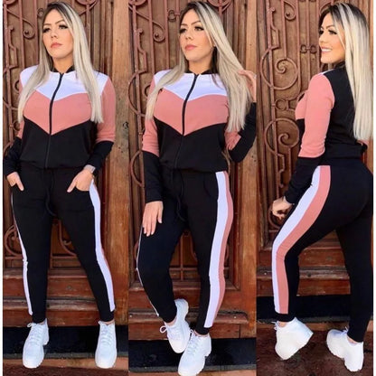 Conjunto malha crepe manga longa ziper e bolso feminino