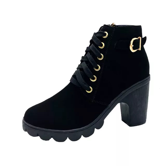 Moda Feminina Salto Alto Lace Up Side Zipper Buckle Ankle Boots De Camurça Sapatos