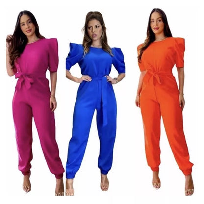 Macacão Longo Feminino com Cinto manga princesa