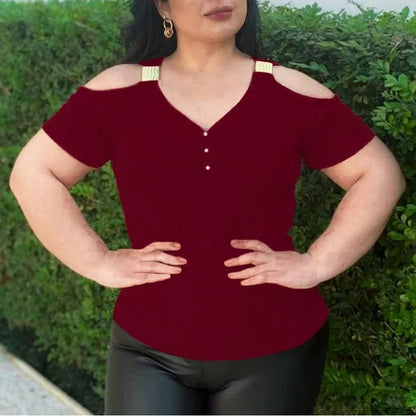 Blusa Feminina Básica Lisa com Fivela no Ombro Vazado (Ombro Fora) - Manga Curta para Primavera e Verão Viscolycra Moda - Roupas Femininas
