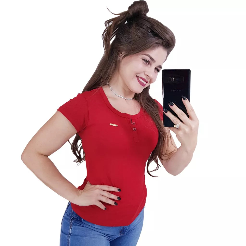 Blusas BABY LOOK De Manguinha Decote Botão Promoção Moda P M G