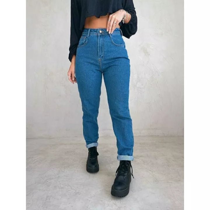 Calça mom jeans cintura alta feminina calça vintage barrinha dobrada
