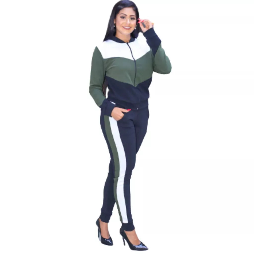 Conjunto malha crepe manga longa ziper e bolso feminino