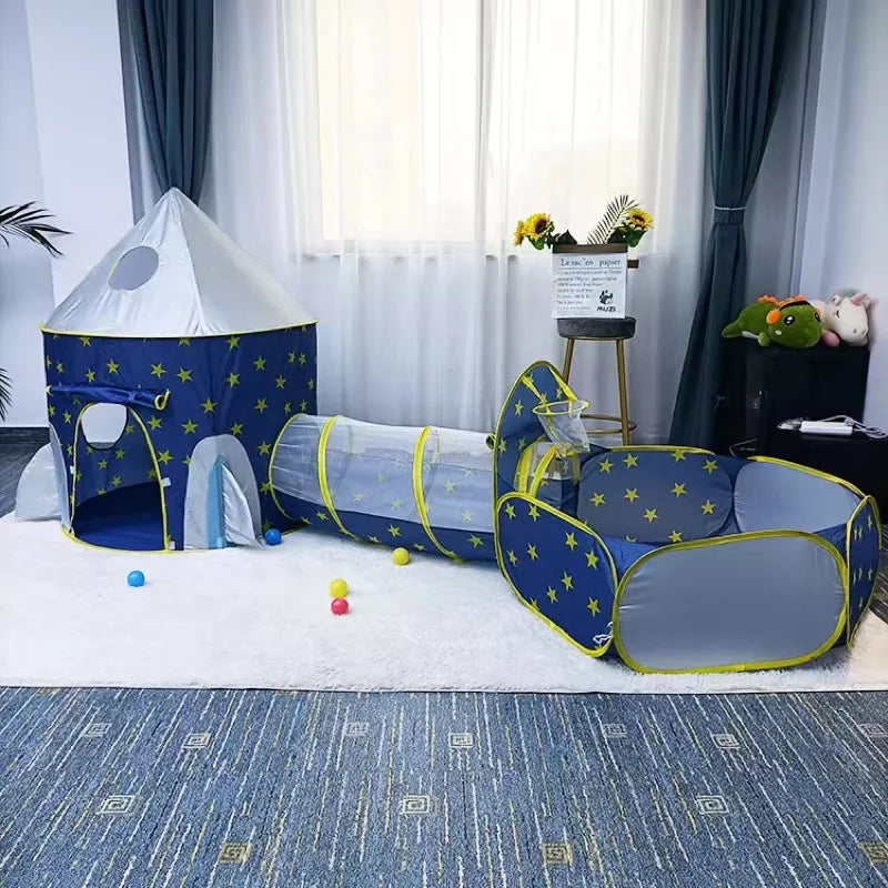 Tenda Toca Barraca Infantil Tunel 3x1com Piscina para Bolinhas Princesas Astronaltas com  Cesta Basquete Playground Brinquedo