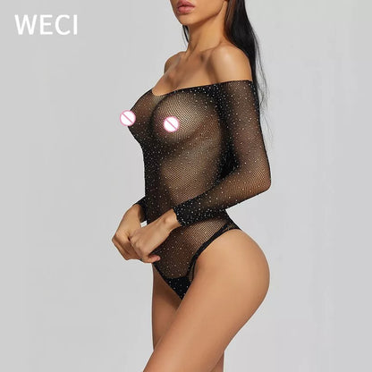 Roupa Íntima Feminina/Body Sexy De Malha Metálica Com Strass Brilhante E Bonita/lingerie