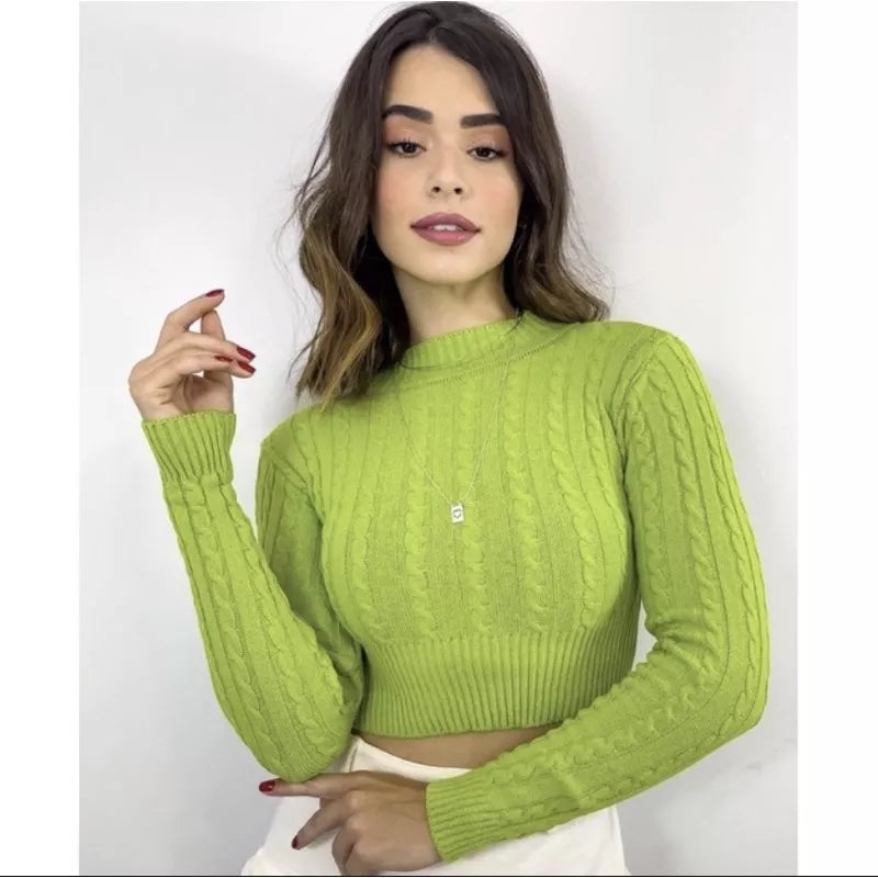 Blusa de frio tricô cropped feminina manga longa