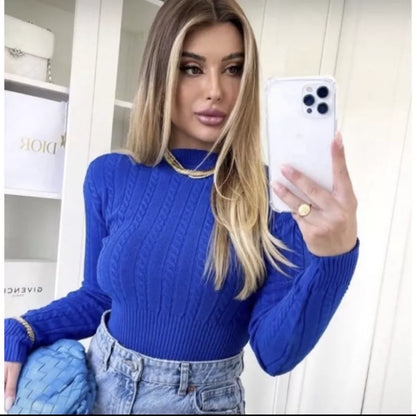 Blusa de frio tricô cropped feminina manga longa