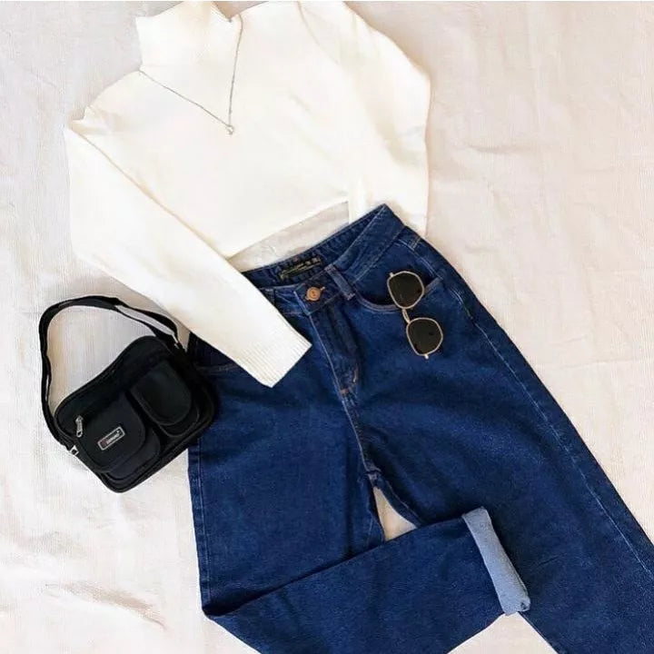 Calça mom jeans cintura alta feminina calça vintage barrinha dobrada