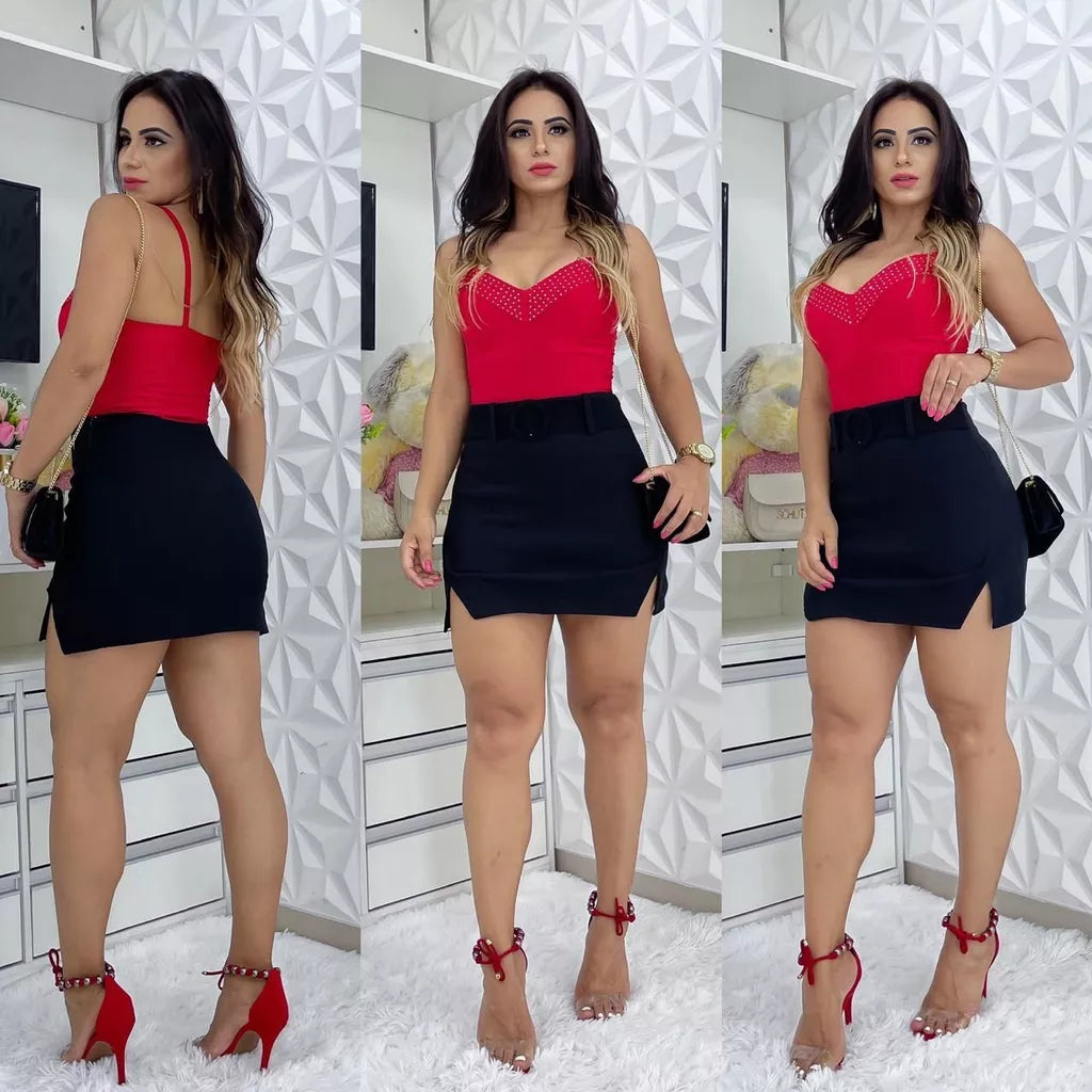 Short Saia Cintura Alta Bengaline Fenda Lateral Cores Moda