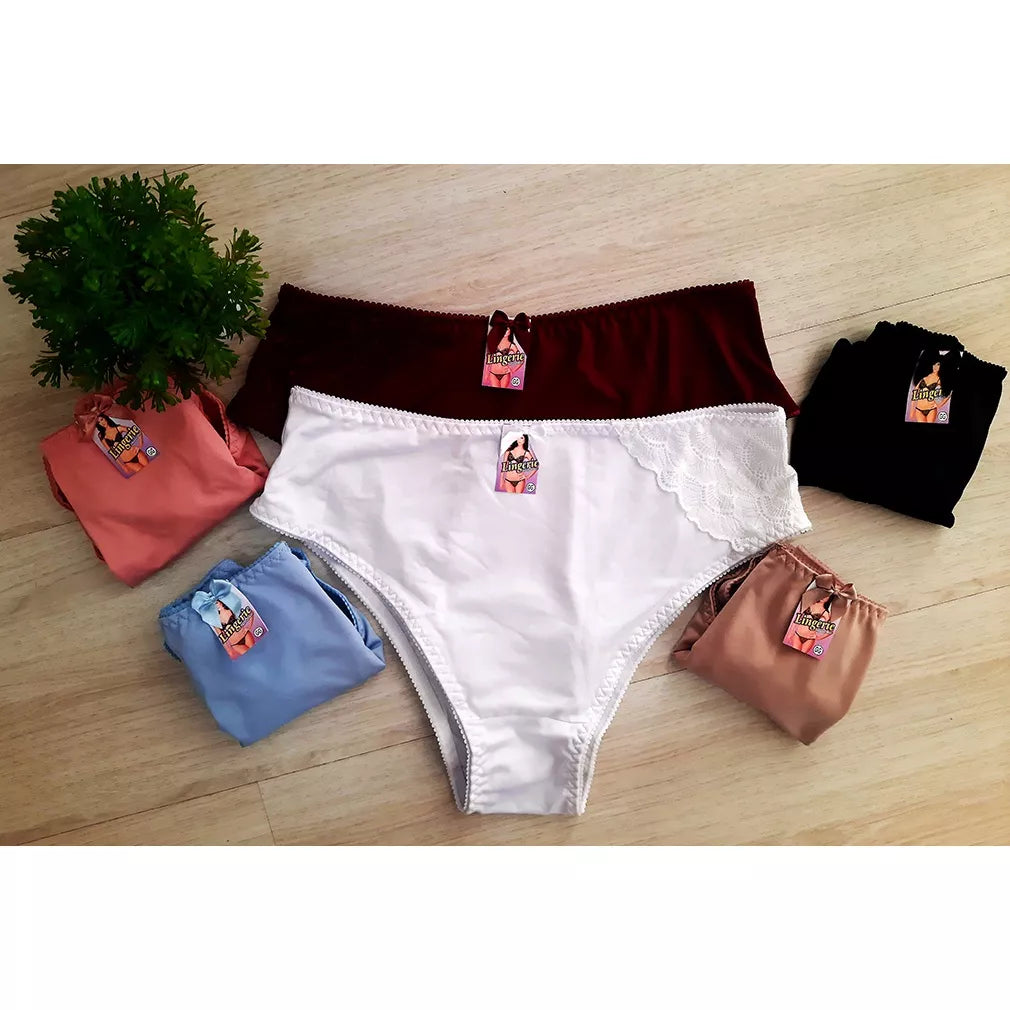 Kit 5 Calcinhas Plus Size, Calcinha Calçola Senhora Cintura Alta Com Renda Calcinha calsola lateral larga