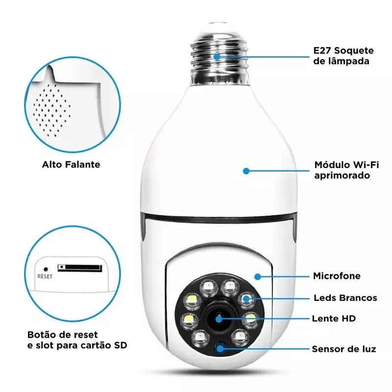 Câmera segurança wifi ip sem fio 360 com encaixe lampada bocal aplicativo yoosee ptz full HD visão noturna - bivolt