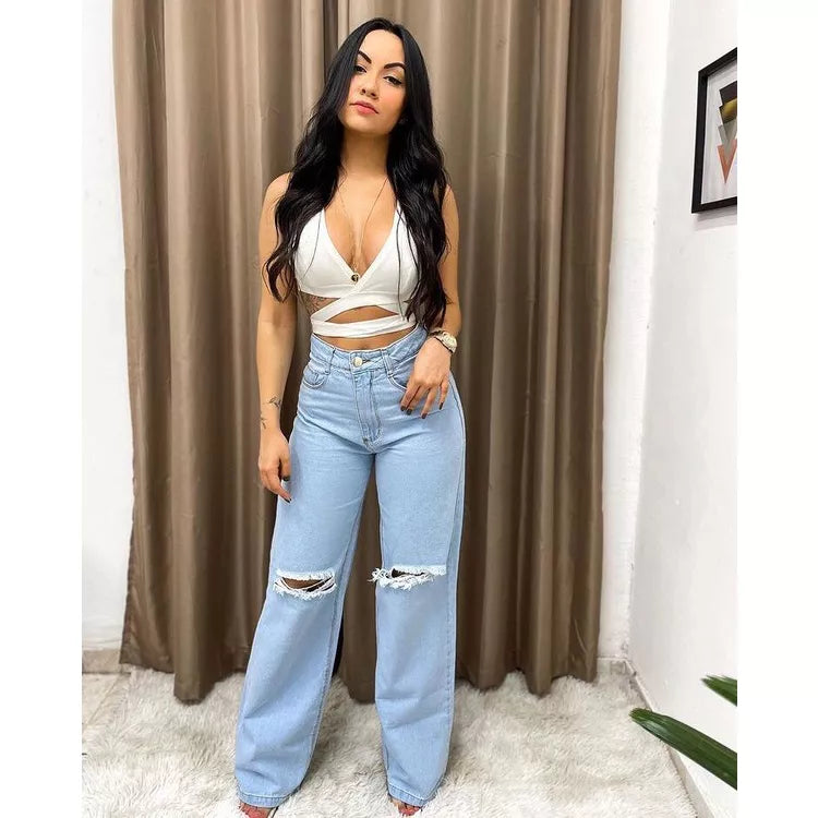 Calça Wide Jeans Destroyed no Joelho Tendencia Lola Store