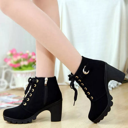Moda Feminina Salto Alto Lace Up Side Zipper Buckle Ankle Boots De Camurça Sapatos