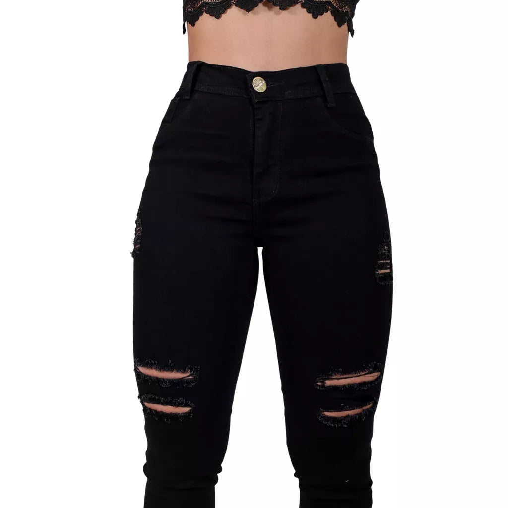 Calça Preta Rasgada Feminina Jeans Cintura Alta Hot Pants Skinny com Lycra Levanta Bumbum