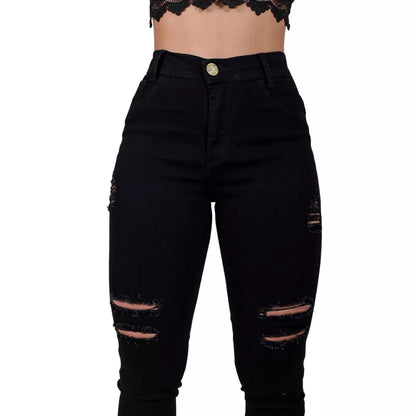 Calça Preta Rasgada Feminina Jeans Cintura Alta Hot Pants Skinny com Lycra Levanta Bumbum