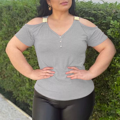 Blusa Feminina Básica Lisa com Fivela no Ombro Vazado (Ombro Fora) - Manga Curta para Primavera e Verão Viscolycra Moda - Roupas Femininas