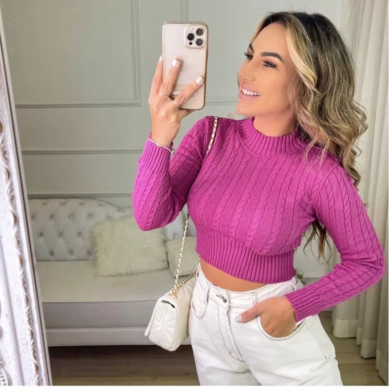 Blusa de frio tricô cropped feminina manga longa