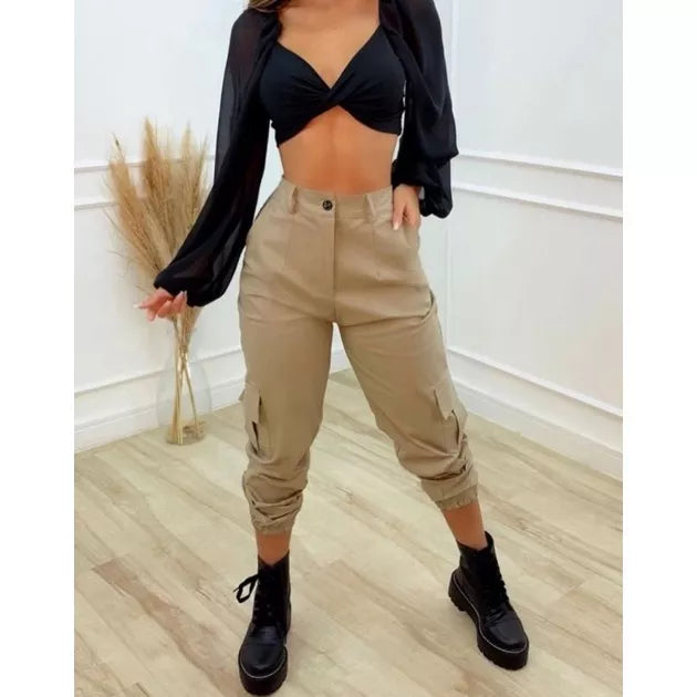 Calça Feminina Jogger Cargo Sarja Com Bolso Moda Blogueira Tendência