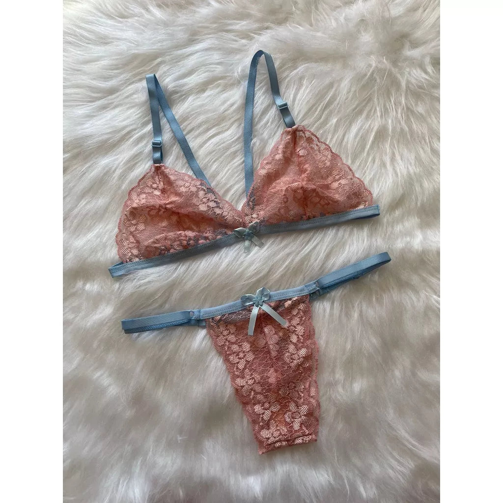 Conjunto de Lingerie Em Renda Sutiã Sem Bojo Calcinha De Regulagem