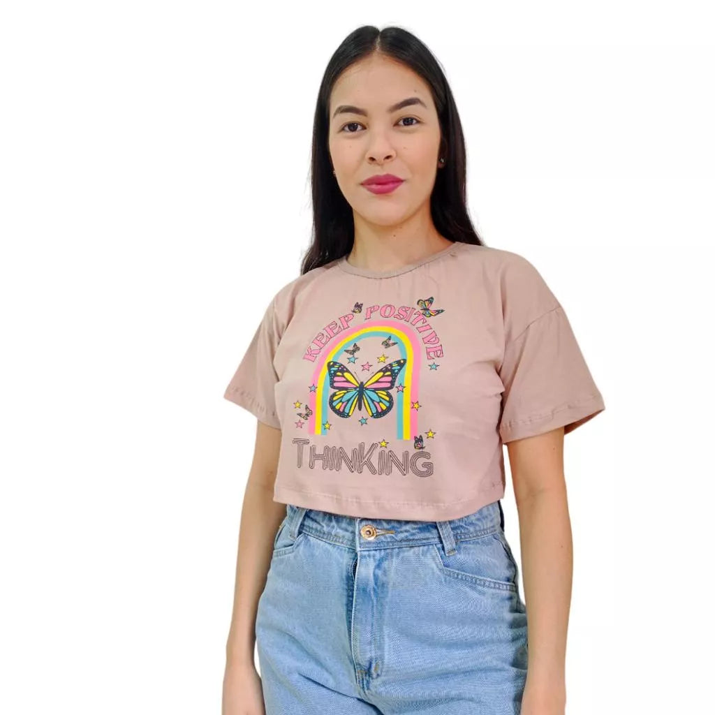 Camiseta T-shirt Cropped Oversized Estampado Moda Gringa Algodão