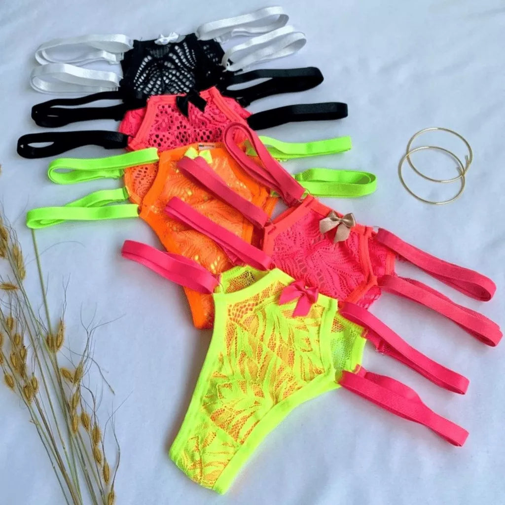 Tanga Neon Duas tiras Calcinha Sexy Colorida lingerie feminina com regulagem dupla