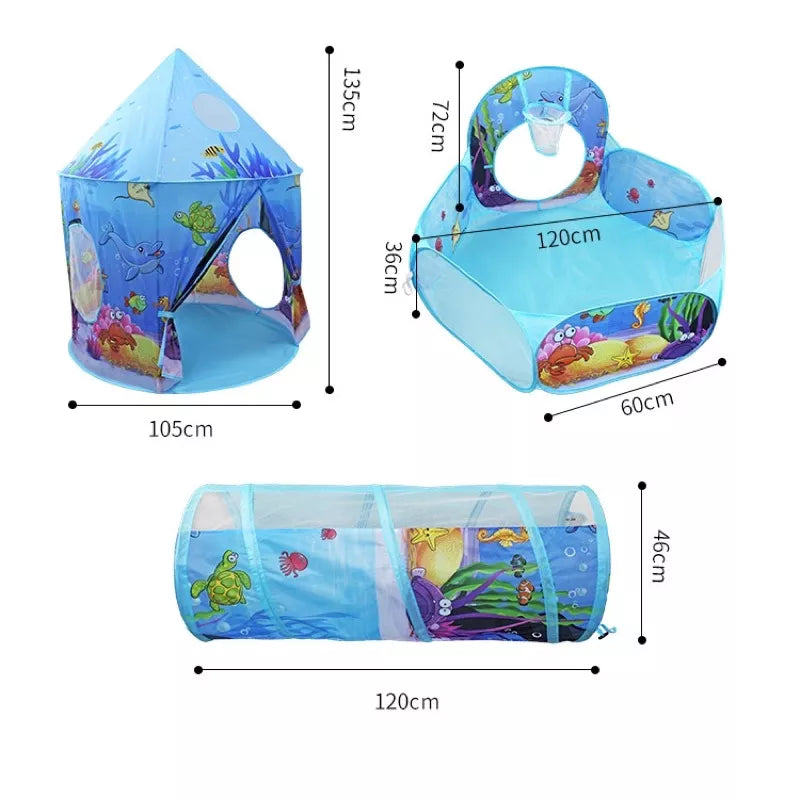 Tenda Toca Barraca Infantil Tunel 3x1com Piscina para Bolinhas Princesas Astronaltas com  Cesta Basquete Playground Brinquedo