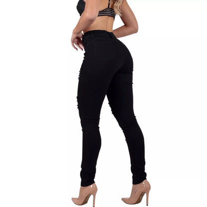 Calça Preta Rasgada Feminina Jeans Cintura Alta Hot Pants Skinny com Lycra Levanta Bumbum