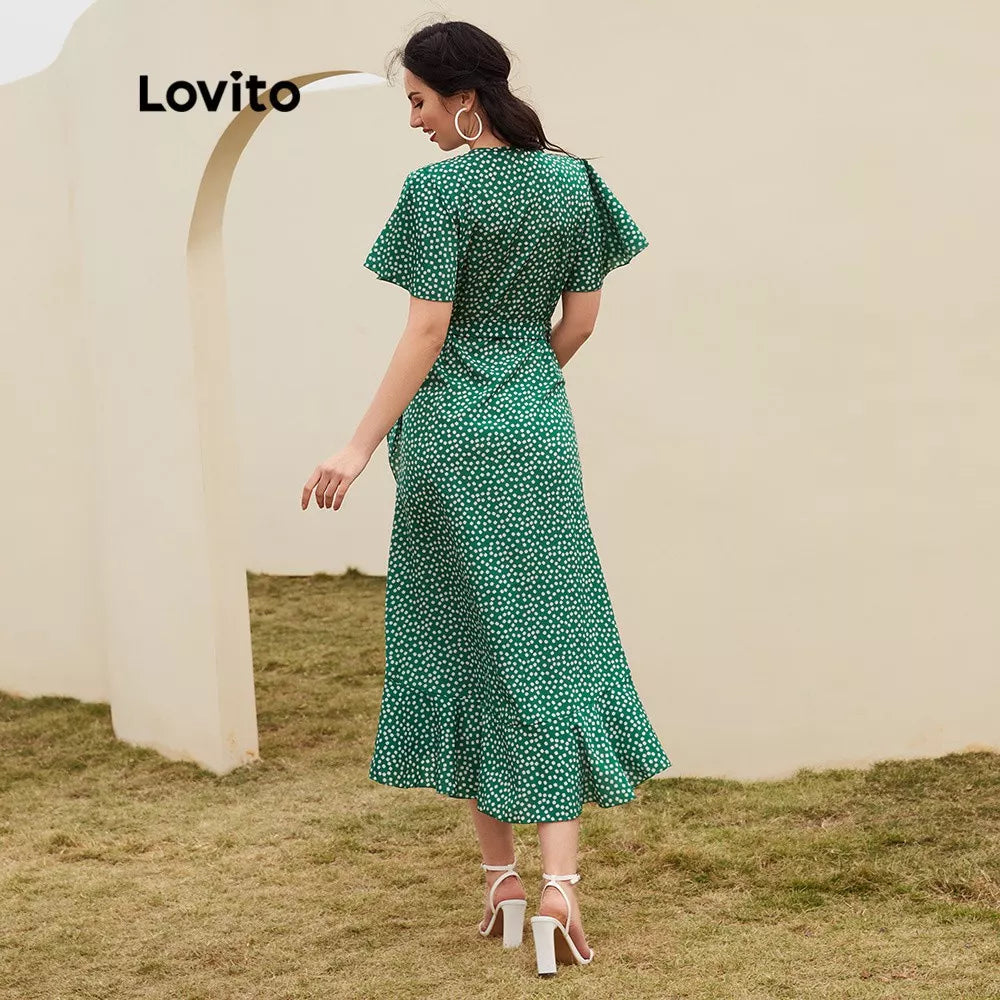 Lovito Boho Vestido de Bolinha Com Fenda e Decote V Profundo com Renda L12014 (Verde/Preto)