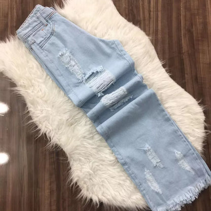 Calça Jeans Rasgada Feminina Pantalona Sem Lycra Wide Leg Calça Cintura Alta