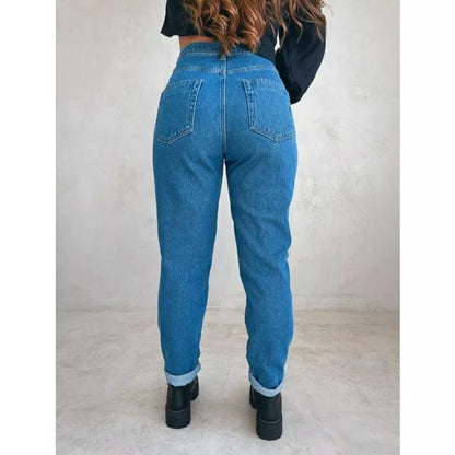 Calça mom jeans cintura alta feminina calça vintage barrinha dobrada