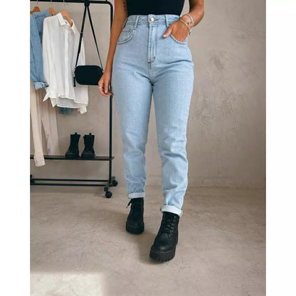 Calça mom jeans cintura alta feminina calça vintage barrinha dobrada