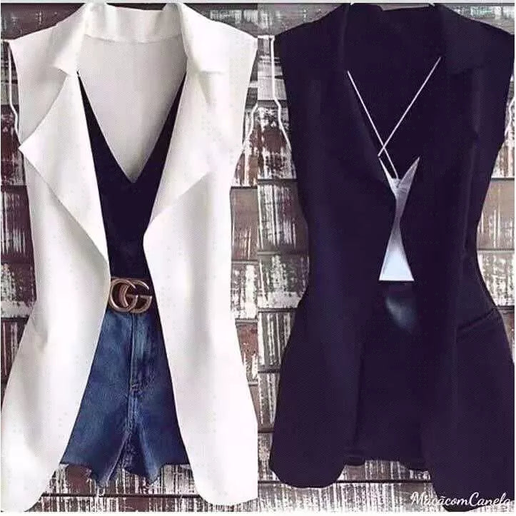 Max Colete Feminino Longo De Neoprene Moda Com Bolso Falso！