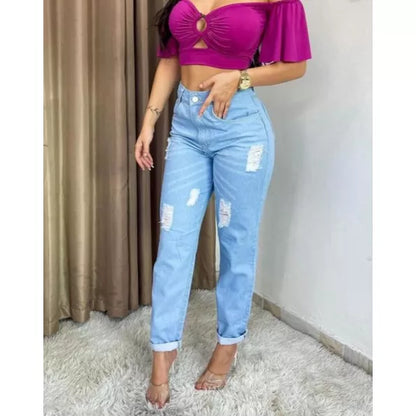 Calça mom jeans cintura alta feminina calça vintage barrinha dobrada