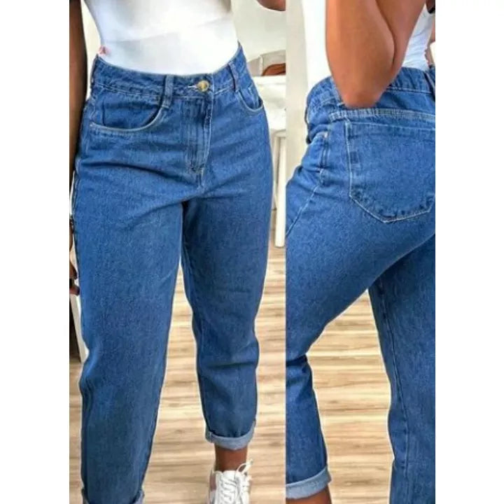 Calça mom jeans cintura alta feminina calça vintage barrinha dobrada