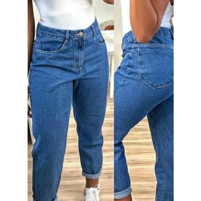Calça mom jeans cintura alta feminina calça vintage barrinha dobrada