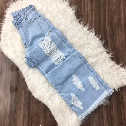 Calça Jeans Rasgada Feminina Pantalona Sem Lycra Wide Leg Calça Cintura Alta