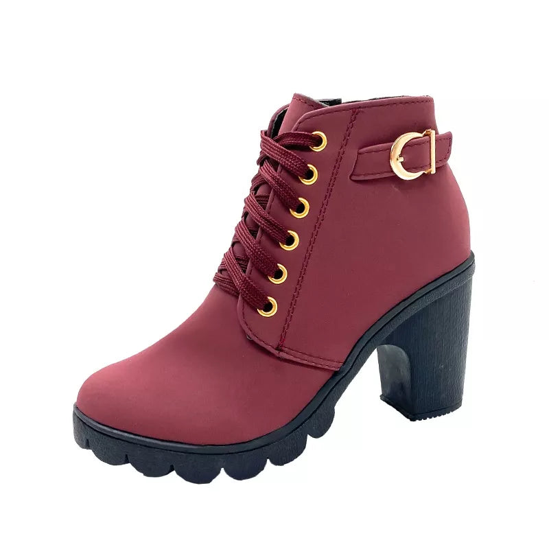 Moda Feminina Salto Alto Lace Up Side Zipper Buckle Ankle Boots De Camurça Sapatos