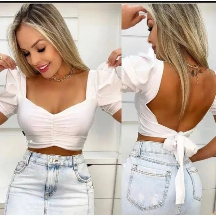Blusa cropped drapeado detalhe amarraçao nas costas